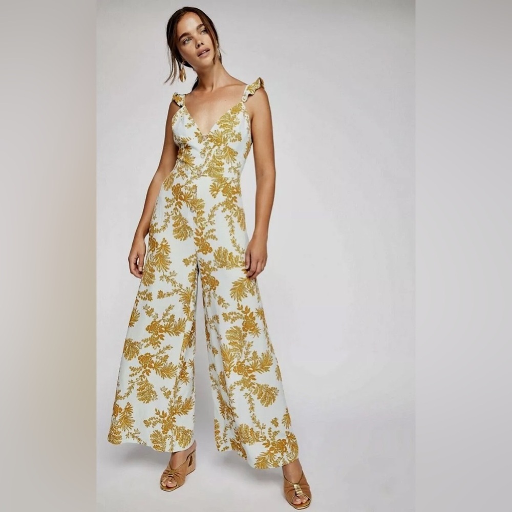 🎀 FREE PEOPLE be the one v neck floral ruffle arm wide leg jumpsuit 2 euc